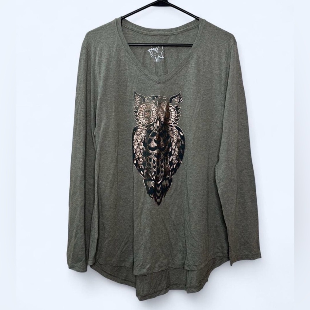 Just My Size Owl Long Sleeve Top in Green Gray Size 1X JMS